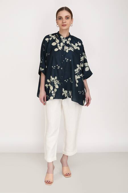 Arcvsh By Pallavi Singh_Blue Linen, 100% Silk Petal Mandarin Collar Print Shirt And Pant Set _Online_at_Aza_Fashions