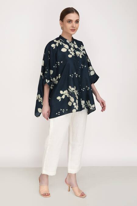 Buy_Arcvsh By Pallavi Singh_Blue Linen, 100% Silk Petal Mandarin Collar Print Shirt And Pant Set _Online_at_Aza_Fashions