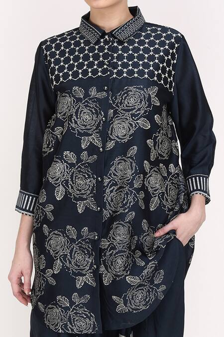 Arcvsh By Pallavi Singh Blue Silk Chanderi Floral Collared Neck Printed Shirt at Aza Fashions Arcvsh By Pallavi Singh_Blue Silk Chanderi Floral Collared Neck Printed Shirt _at_Aza_Fashions