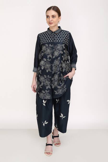 Arcvsh By Pallavi Singh_Blue Silk Chanderi Floral Collared Neck Printed Shirt _Online_at_Aza_Fashions