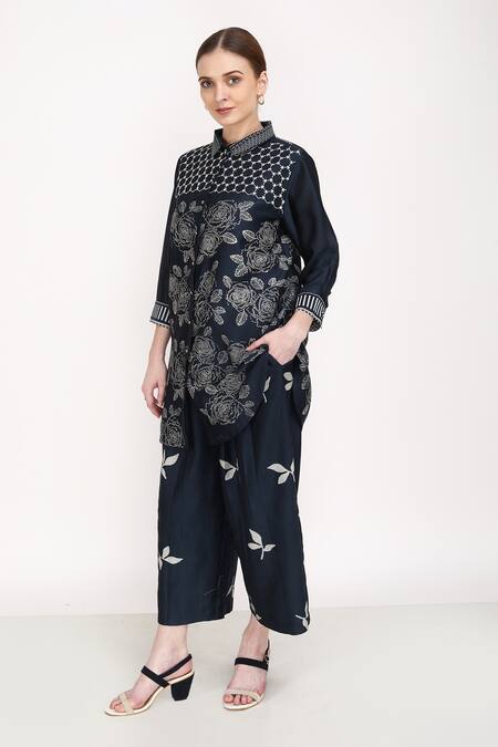Buy_Arcvsh By Pallavi Singh_Blue Silk Chanderi Floral Collared Neck Printed Shirt _Online_at_Aza_Fashions