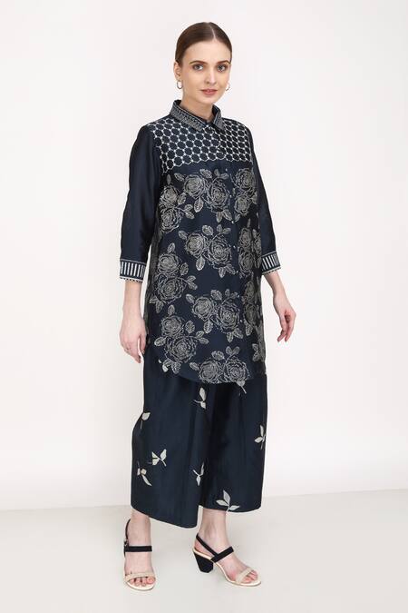 Shop_Arcvsh By Pallavi Singh_Blue Silk Chanderi Floral Collared Neck Printed Shirt _Online_at_Aza_Fashions