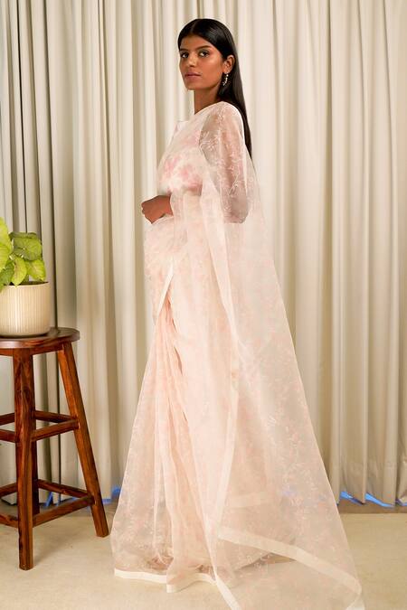 Shiori_Ivory Blouse Fabric- Chanderi, Saree- Silk Organza Block Print Cherry Blossom_Online_at_Aza_Fashions