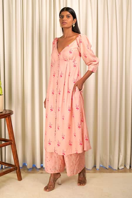 Shiori Peach Cotton Silk And Embroidery Block Plunge V Noor Floral Tunic 