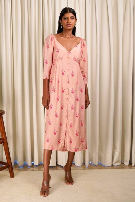 Shiori_Peach Cotton Silk, Lining Crepe Block Print, Beads Plunge V Noor Floral Tunic_Online_at_Aza_Fashions