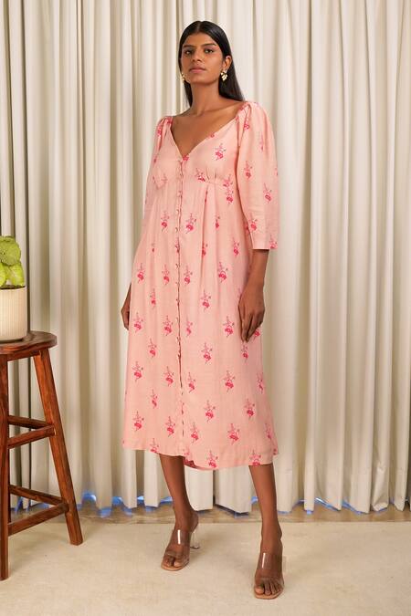 Buy_Shiori_Peach Cotton Silk, Lining Crepe Block Print, Beads Plunge V Noor Floral Tunic_Online_at_Aza_Fashions