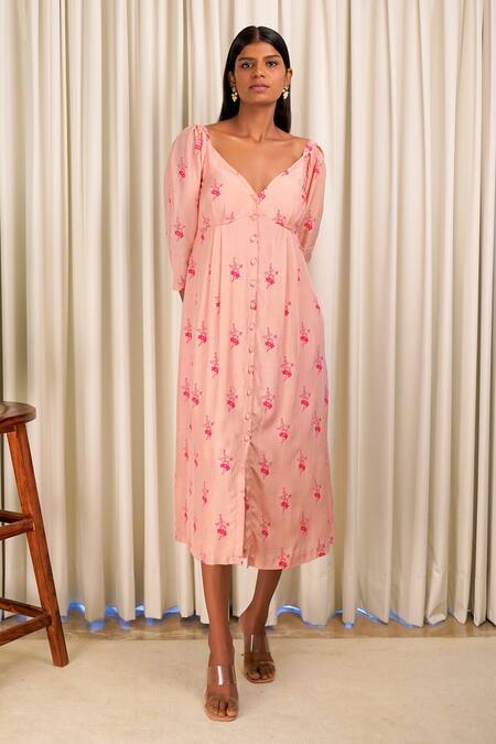 Shop_Shiori_Peach Cotton Silk, Lining Crepe Block Print, Beads Plunge V Noor Floral Tunic_Online_at_Aza_Fashions