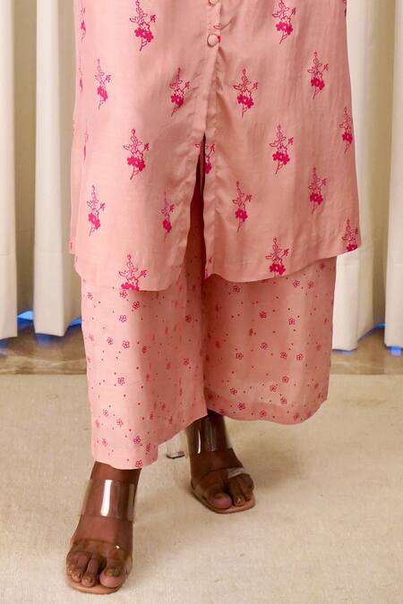 Shop_Shiori_Peach Cotton Silk Printed Block Floral Pant_Online_at_Aza_Fashions