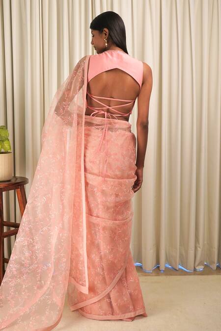 Shop Shiori Peach Blouse Fabric- Chanderi, Saree- Silk Organza Block Print Beads And Floral at Aza Fashions Shop_Shiori_Peach Blouse Fabric- Chanderi, Saree- Silk Organza Block Print Beads And Floral_at_Aza_Fashions