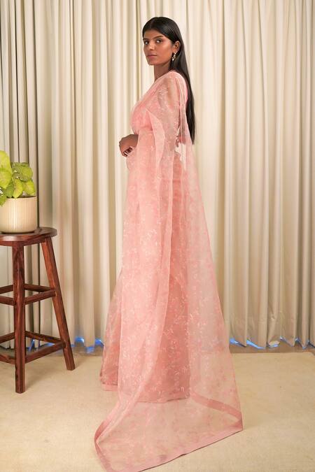 Shiori Peach Blouse Fabric- Chanderi, Saree- Silk Organza Block Print Beads And Floral Online at Aza Fashions Shiori_Peach Blouse Fabric- Chanderi, Saree- Silk Organza Block Print Beads And Floral_Online_at_Aza_Fashions