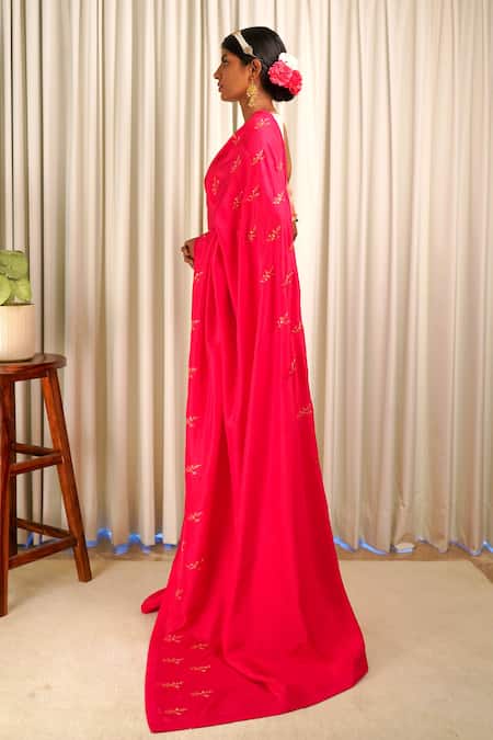 Buy_Shiori_Pink Blouse Fabric- Chanderi, Saree- Silk Block Print Zari Noor Embroidered_Online_at_Aza_Fashions