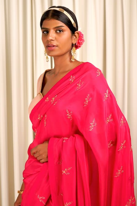 Shop_Shiori_Pink Blouse Fabric- Chanderi, Saree- Silk Block Print Zari Noor Embroidered_Online_at_Aza_Fashions