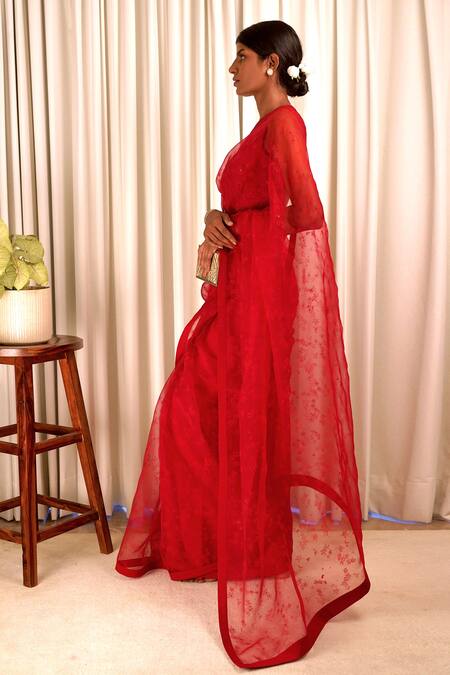 Shiori_Red Blouse Fabric- Chanderi, Saree- Silk Organza Block Print, Sequin Baag_Online_at_Aza_Fashions