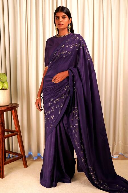 Shiori_Purple Blouse Fabric- Chanderi, Saree- Silk Zari Work Wildflower Embroidered_Online_at_Aza_Fashions