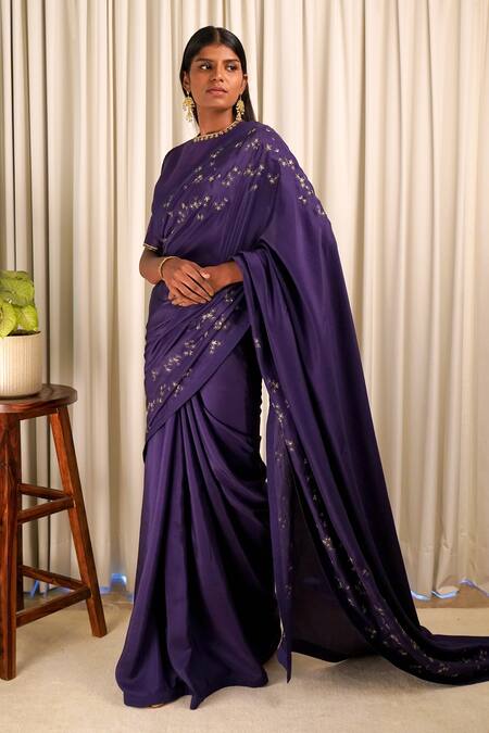 Buy_Shiori_Purple Blouse Fabric- Chanderi, Saree- Silk Zari Work Wildflower Embroidered_Online_at_Aza_Fashions