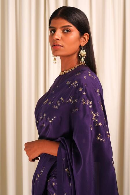 Shop_Shiori_Purple Blouse Fabric- Chanderi, Saree- Silk Zari Work Wildflower Embroidered_Online_at_Aza_Fashions