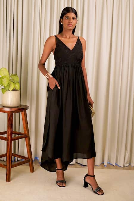 Shiori_Black Cotton Silk, Lining Crepe Beads Plunge V Baag Embroidered Tunic_Online_at_Aza_Fashions