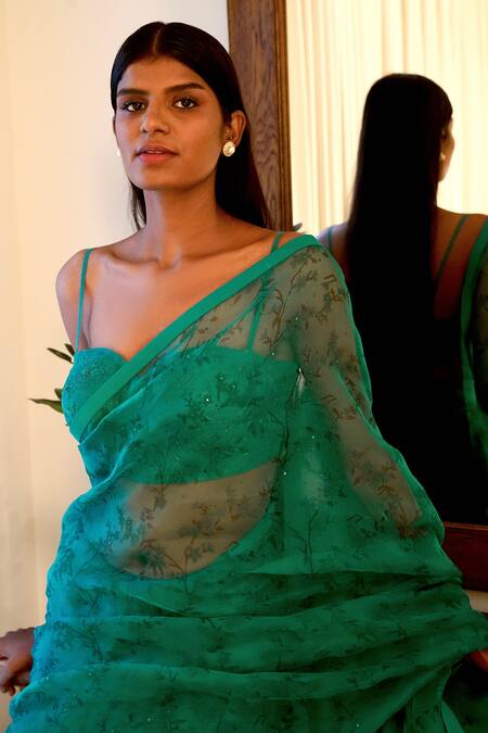 Buy_Shiori_Emerald Green Blouse Fabric - Chanderi, Saree - Silk Organza Block Baag Floral_Online_at_Aza_Fashions