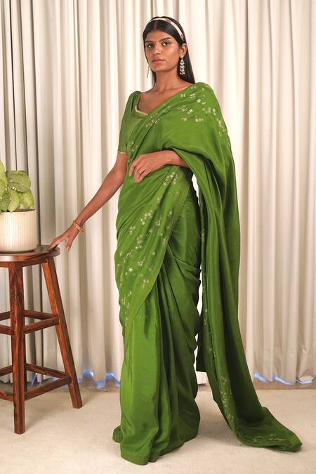 Shiori_Green Blouse Fabric- Chanderi, Saree- Silk Zari Work Wildflower Embroidered_Online_at_Aza_Fashions