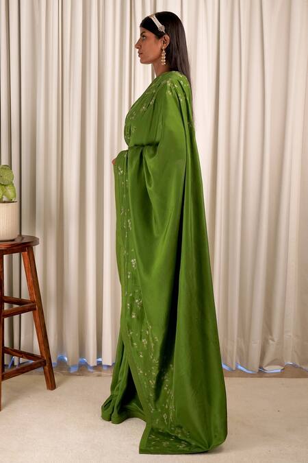 Buy_Shiori_Green Blouse Fabric- Chanderi, Saree- Silk Zari Work Wildflower Embroidered_Online_at_Aza_Fashions