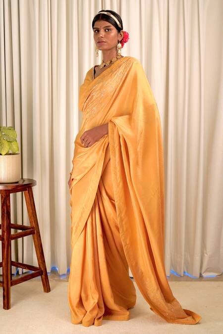 Shiori_Yellow Blouse Fabric- Chanderi, Saree- Silk Zardozi Sehar Embroidered_Online_at_Aza_Fashions