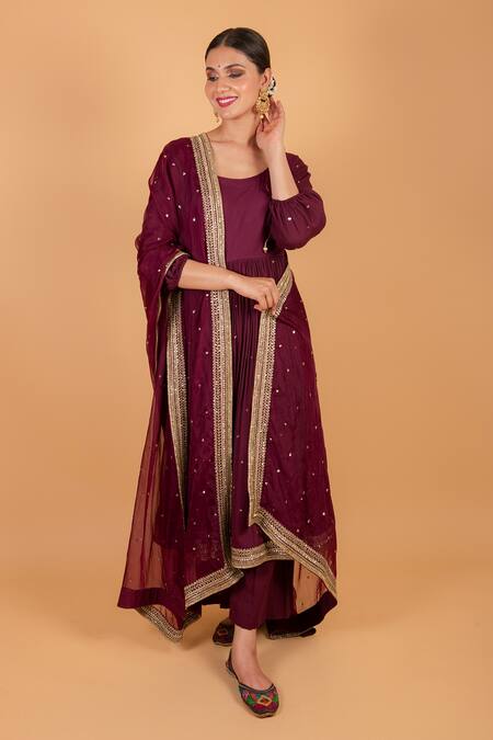 Ikshita Choudhary_Maroon Cheese Cotton Embroidered Sequin Round Anarkali And Palazzo Set_Online_at_Aza_Fashions