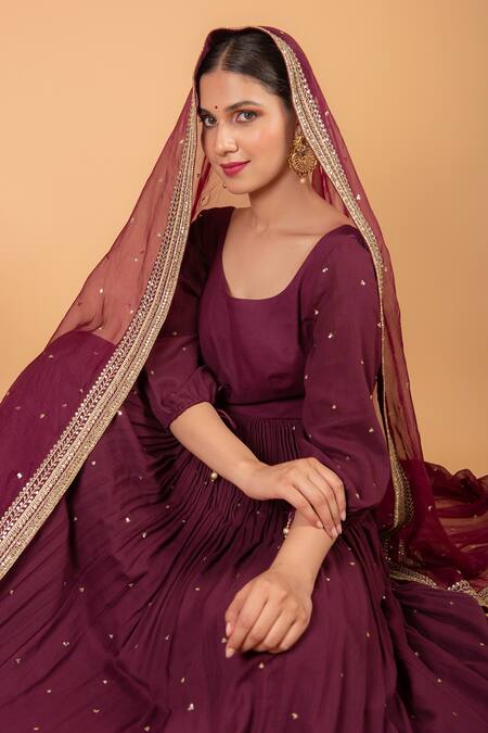 Buy_Ikshita Choudhary_Maroon Cheese Cotton Embroidered Sequin Round Anarkali And Palazzo Set_Online_at_Aza_Fashions