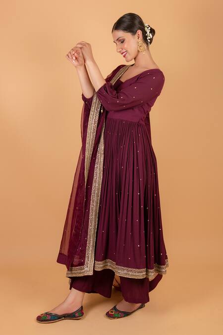 Ikshita Choudhary_Maroon Organza, Cheese Cotton Sequin, Chita Round Embroidered Anarkali Set_Online_at_Aza_Fashions