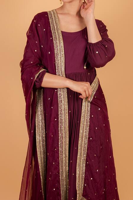 Shop_Ikshita Choudhary_Maroon Organza, Cheese Cotton Sequin, Chita Round Embroidered Anarkali Set_Online_at_Aza_Fashions