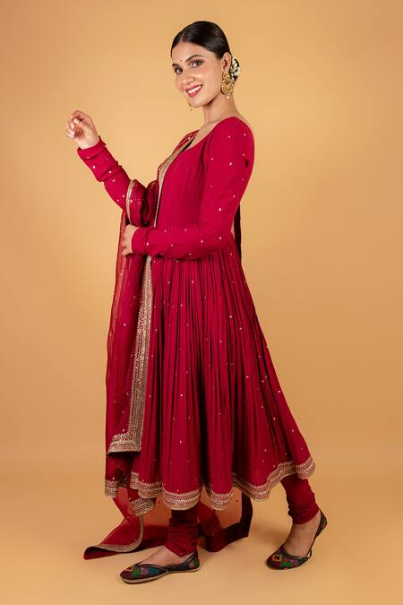 Buy_Ikshita Choudhary_Red Cheese Cotton Embroidered Sequin Round Anarkali And Churidar Set_Online_at_Aza_Fashions