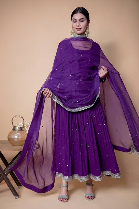 Ikshita Choudhary_Purple Cheese Cotton Sequin, Chita Round Embroidered Anarkali With Dupatta_Online_at_Aza_Fashions
