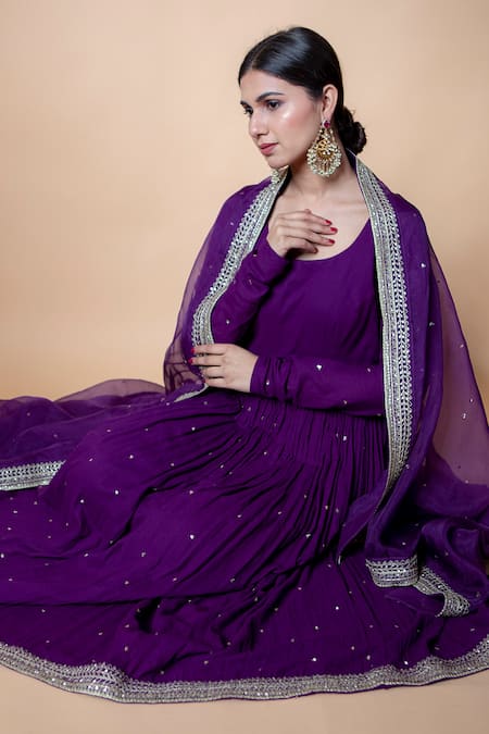 Shop_Ikshita Choudhary_Purple Cheese Cotton Sequin, Chita Round Embroidered Anarkali With Dupatta_Online_at_Aza_Fashions