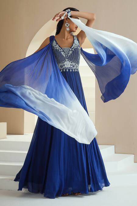 Seema Thukral Blue Chiffon, Lining Satin Floral Embellished Anarkali With Pre-draped Dupatta Online at Aza Fashions Seema Thukral_Blue Chiffon, Lining Satin Floral Embellished Anarkali With Pre-draped Dupatta _Online_at_Aza_Fashions