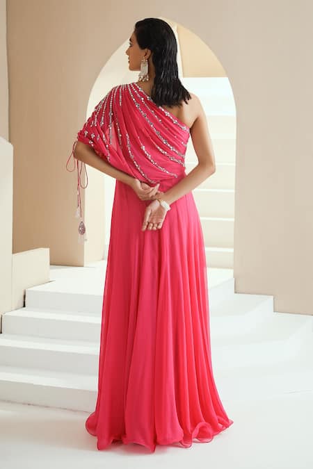 Shop_Seema Thukral_Pink Georgette, Lining Satin Glass Beads, Mirror, Zari One Draped Anarkali _at_Aza_Fashions