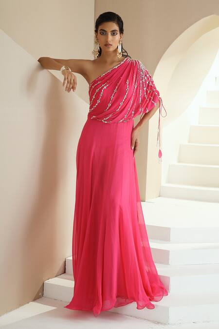 Seema Thukral_Pink Georgette, Lining Satin Glass Beads, Mirror, Zari One Draped Anarkali _Online_at_Aza_Fashions