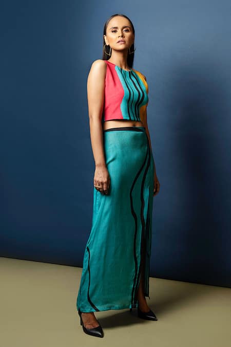 Nautanky_Blue Natural Crepe Round Printed Crop Top And Skirt Set _Online_at_Aza_Fashions