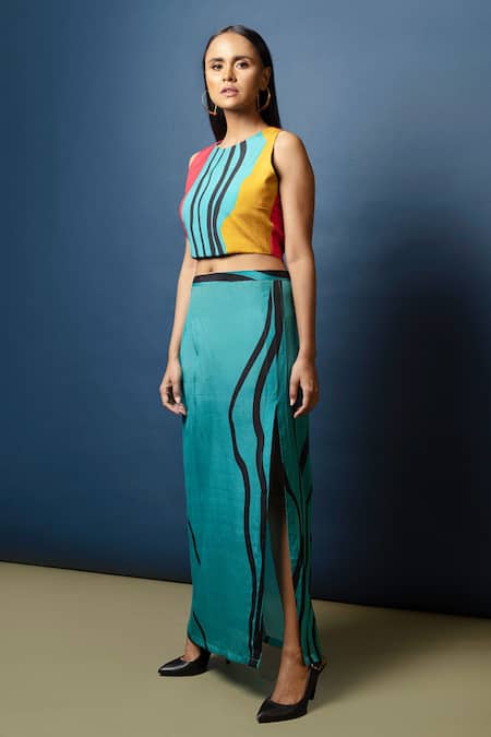 Buy_Nautanky_Blue Natural Crepe Round Printed Crop Top And Skirt Set _Online_at_Aza_Fashions