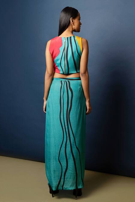 Shop_Nautanky_Blue Natural Crepe Round Printed Crop Top And Skirt Set _Online_at_Aza_Fashions