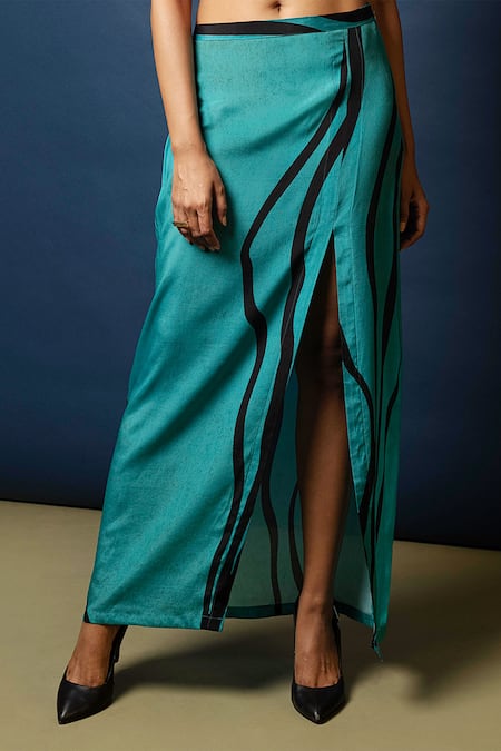 Nautanky_Blue Natural Crepe Round Printed Crop Top And Skirt Set _at_Aza_Fashions