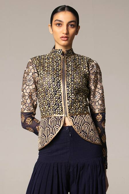 Siddartha Tytler Gold Organza Band Collar Embroidered Jacket Online at Aza Fashions Siddartha Tytler_Gold Organza Band Collar Embroidered Jacket _Online_at_Aza_Fashions