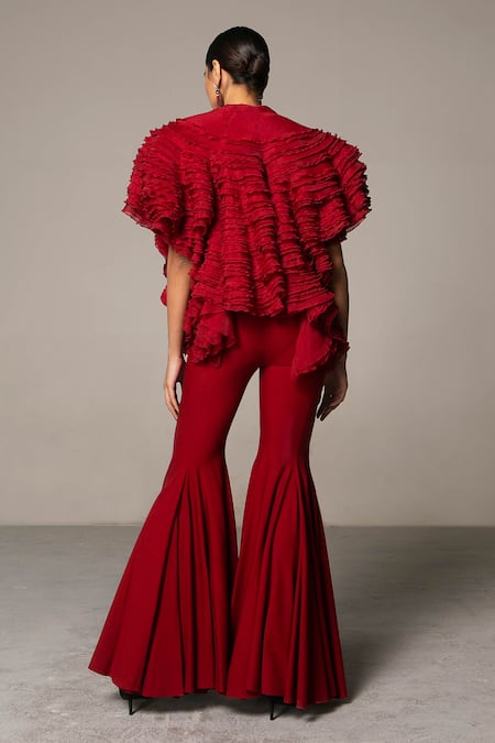 Shop Siddartha Tytler Red Twill Lycra Cotton Bell Bottom Pant at Aza Fashions Shop_Siddartha Tytler_Red Twill Lycra Cotton Bell Bottom Pant _at_Aza_Fashions