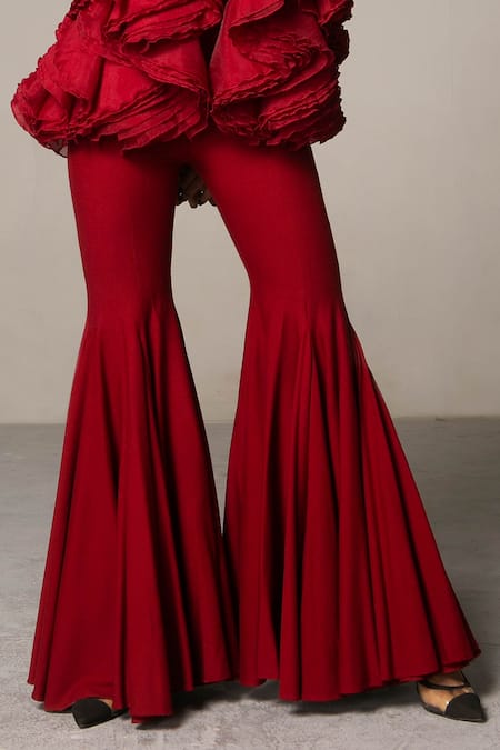 Siddartha Tytler Red Twill Lycra Cotton Bell Bottom Pant Online at Aza Fashions Siddartha Tytler_Red Twill Lycra Cotton Bell Bottom Pant _Online_at_Aza_Fashions