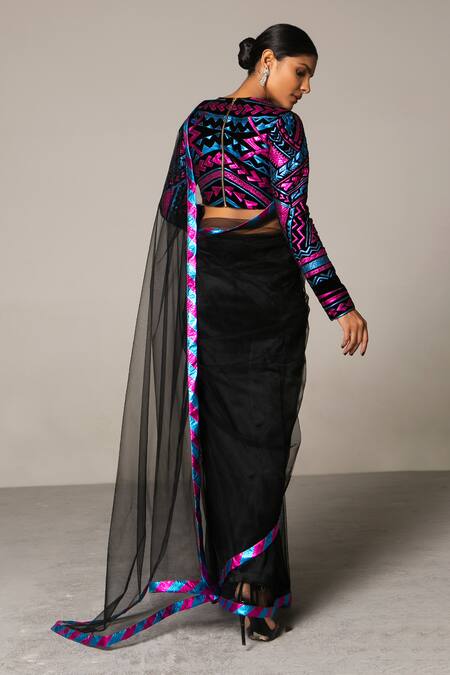 Shop Siddartha Tytler Black Net Saree With Velvet Blouse at Aza Fashions Shop_Siddartha Tytler_Black Net Saree With Velvet Blouse_at_Aza_Fashions