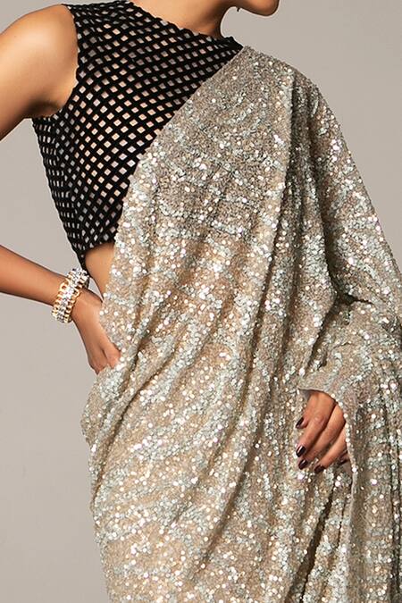 Siddartha Tytler_Silver Net Round Sequin Saree With Blouse _Online_at_Aza_Fashions