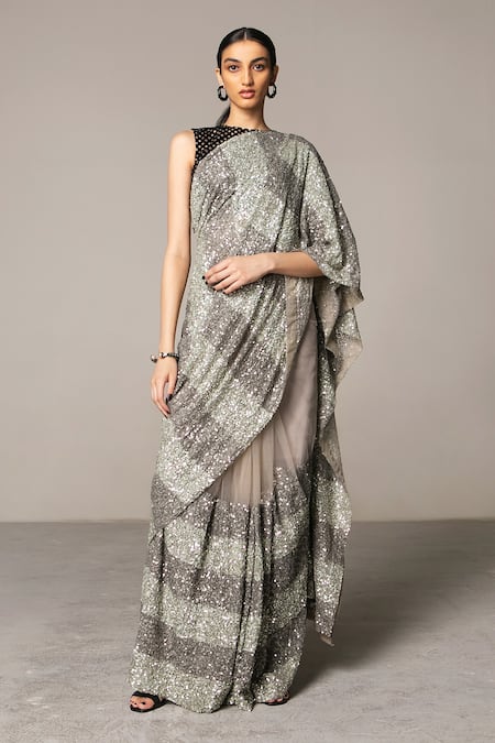 Siddartha Tytler Silver Net Round Sequin Saree With Blouse 