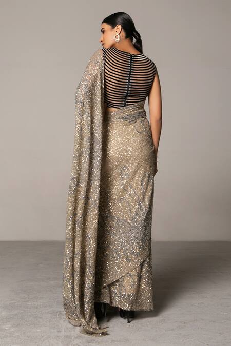 Shop_Siddartha Tytler_Beige Net Round Sequin Saree With Blouse _at_Aza_Fashions