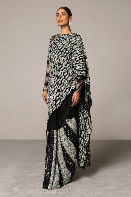 Siddartha Tytler Black Net Round Sequin Saree With Blouse