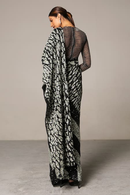 Shop Siddartha Tytler Black Net Round Sequin Saree With Blouse at Aza Fashions Shop_Siddartha Tytler_Black Net Round Sequin Saree With Blouse _at_Aza_Fashions