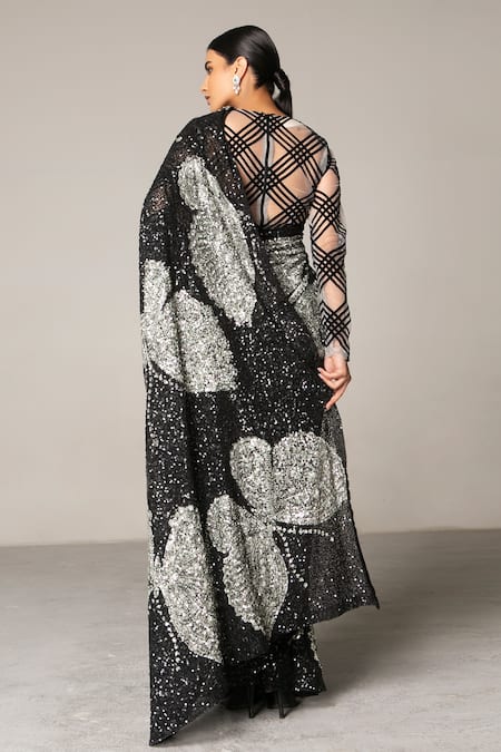 Shop Siddartha Tytler Black Net Round Sequin Saree With Blouse at Aza Fashions Shop_Siddartha Tytler_Black Net Round Sequin Saree With Blouse _at_Aza_Fashions