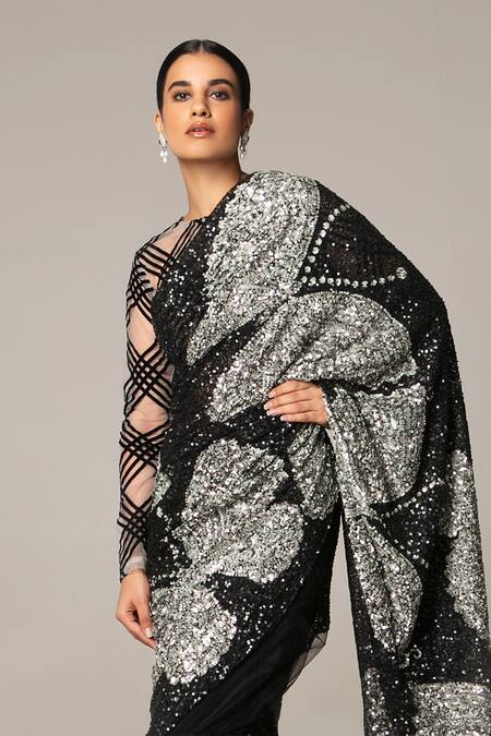 Siddartha Tytler Black Net Round Sequin Saree With Blouse Online at Aza Fashions Siddartha Tytler_Black Net Round Sequin Saree With Blouse _Online_at_Aza_Fashions